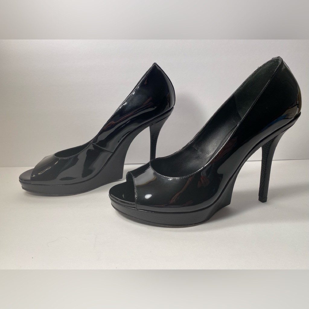 Ysl Yves Saint Laurent Open Toe Pumps Heels Patent Leather Black 40